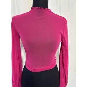 Hot Pink S Shimmer Y2K Long Sleeve Sheer Sparkly Festival Disco Glam Glitz Top
